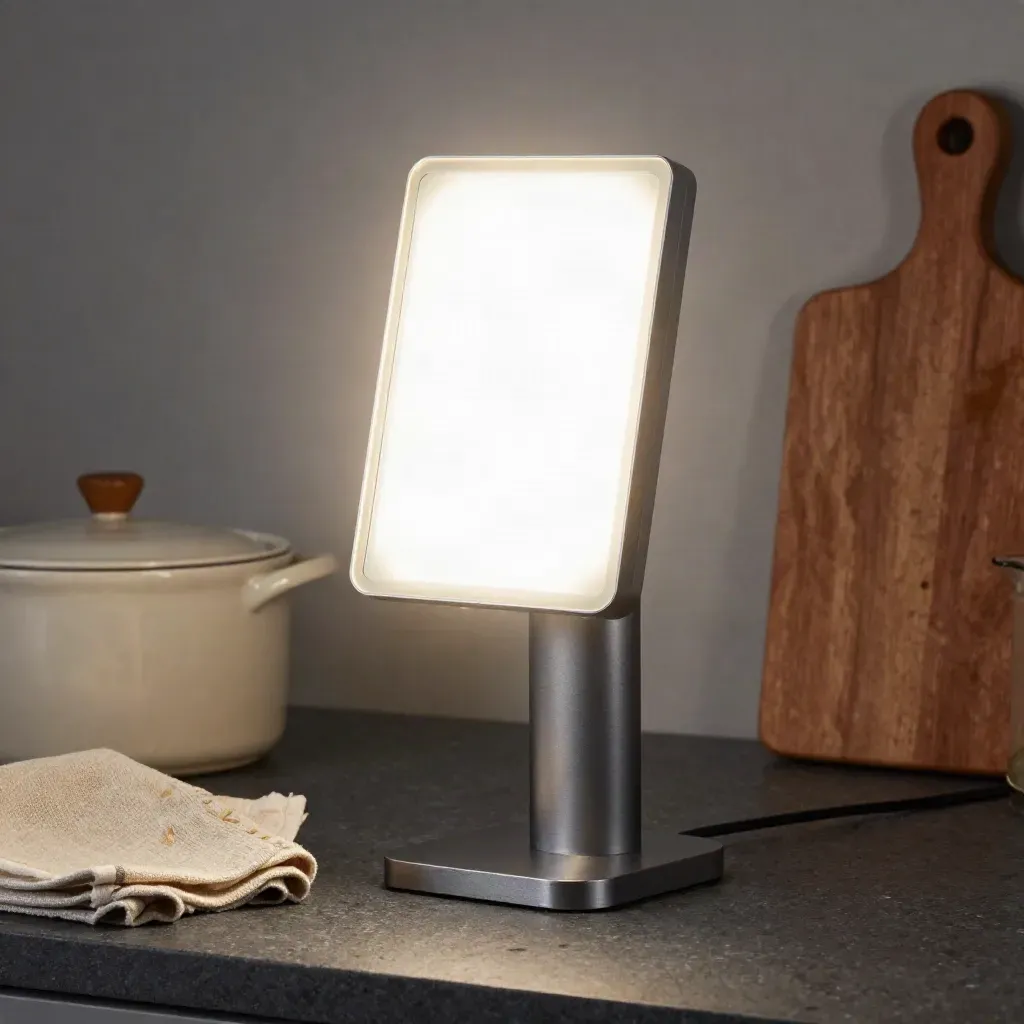 LED-lampa med diffusionspanel, keramikkruka och vikt handduk på mörk kökssten