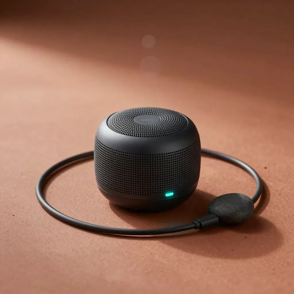 Liten Bluetooth-högtalare med laddsladd och sten på terrakottafärgad yta.