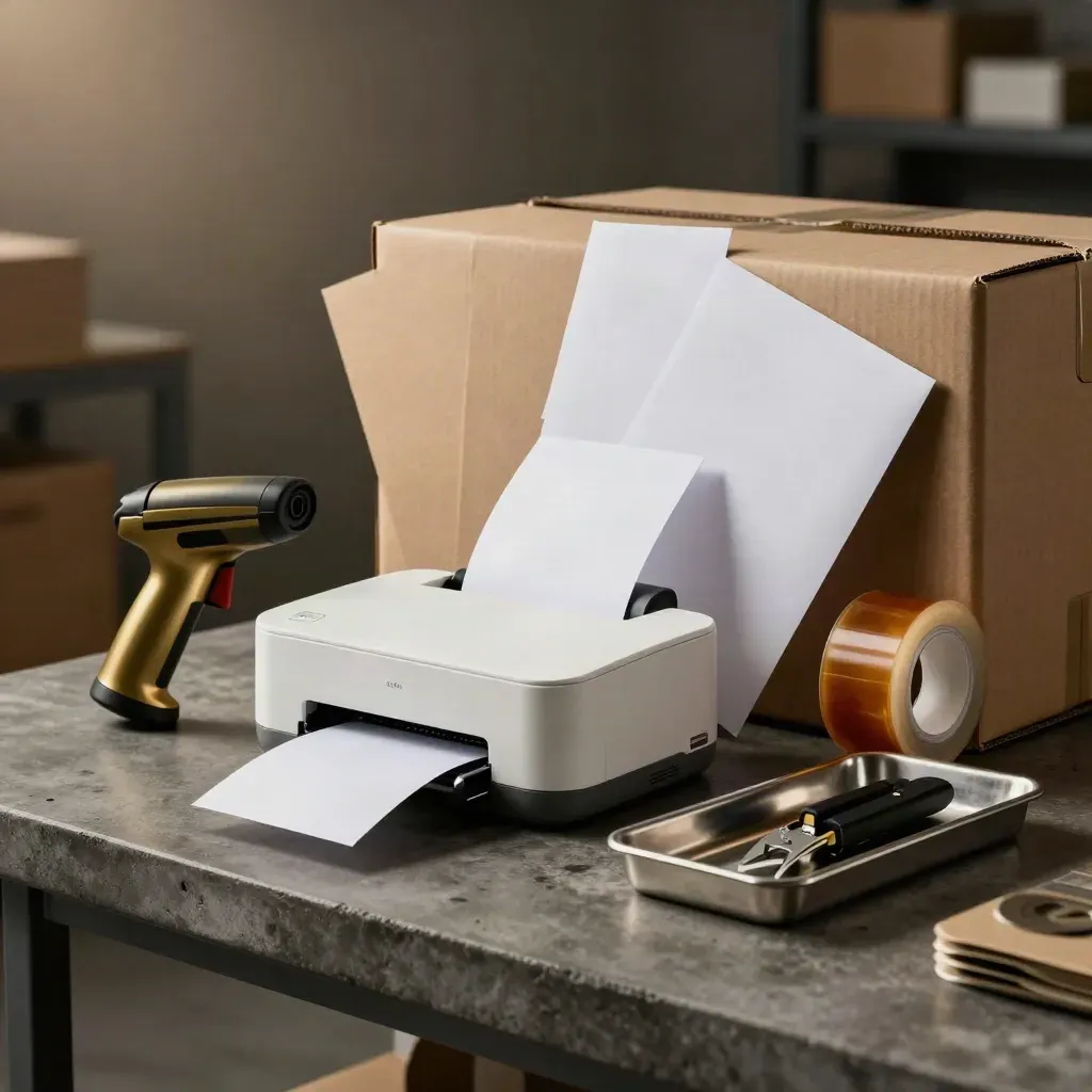 Förpackningskit för småföretag med etikettskrivare, scanner och kartonger i dramatisk studio