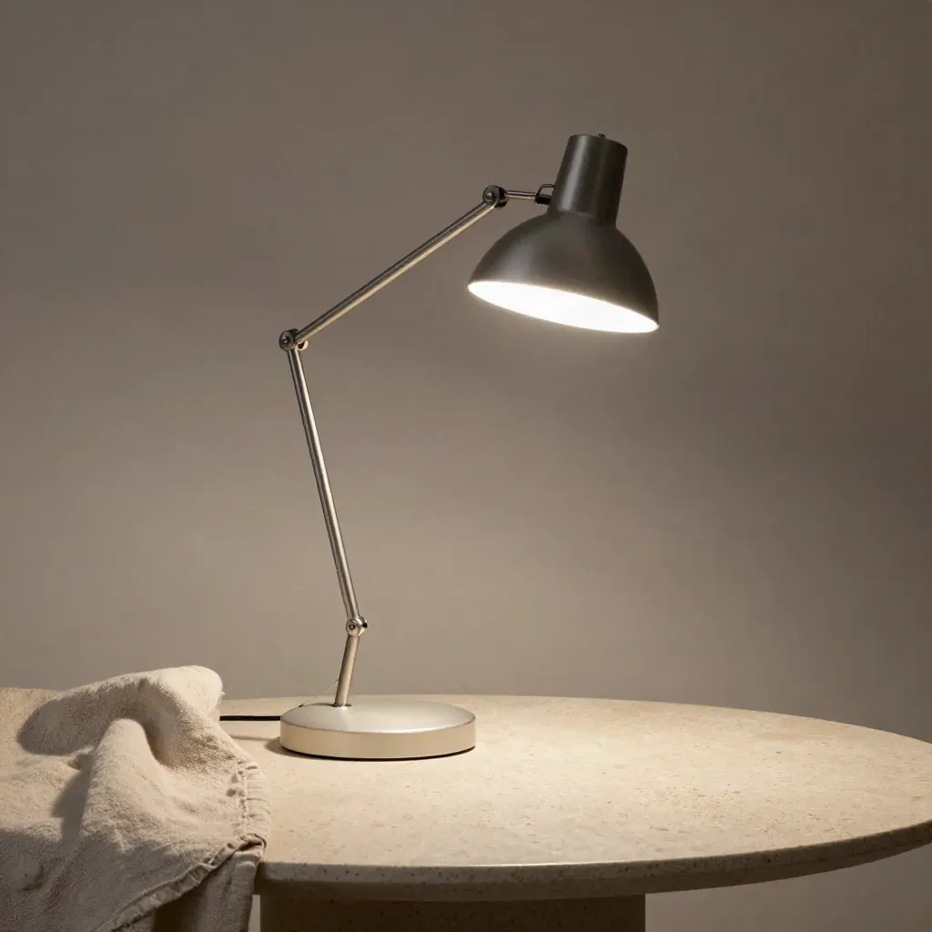 Stilren LED-arbetslampa på travertin med linnetyg och mjuka skuggor