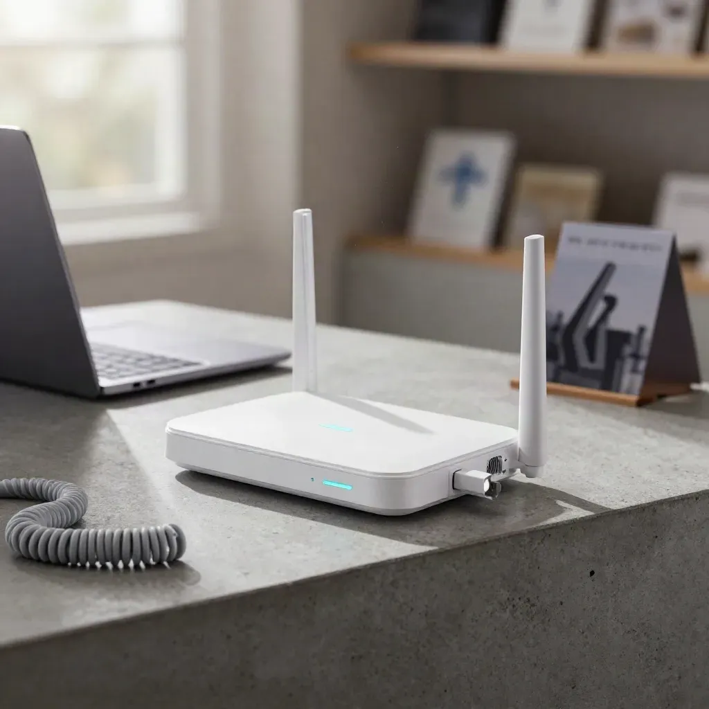 Mini-router på disk med ethernetkabel, svag teal-lampa och laptopkant i mjukt ljus.